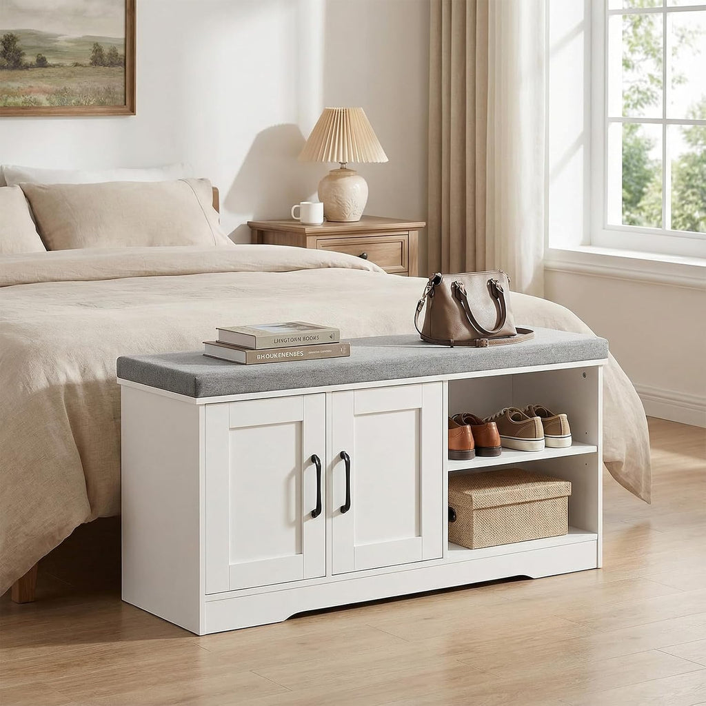 MAHANCRIS Storage Bench, 39.4" Wide Shoe Bench with Padded Seat Cushion, Entryway Bench with 2 Doors and Adjustable Shelf, End of Bed Bench, for Hallway, Bedroom, White and Gray BSWT1201