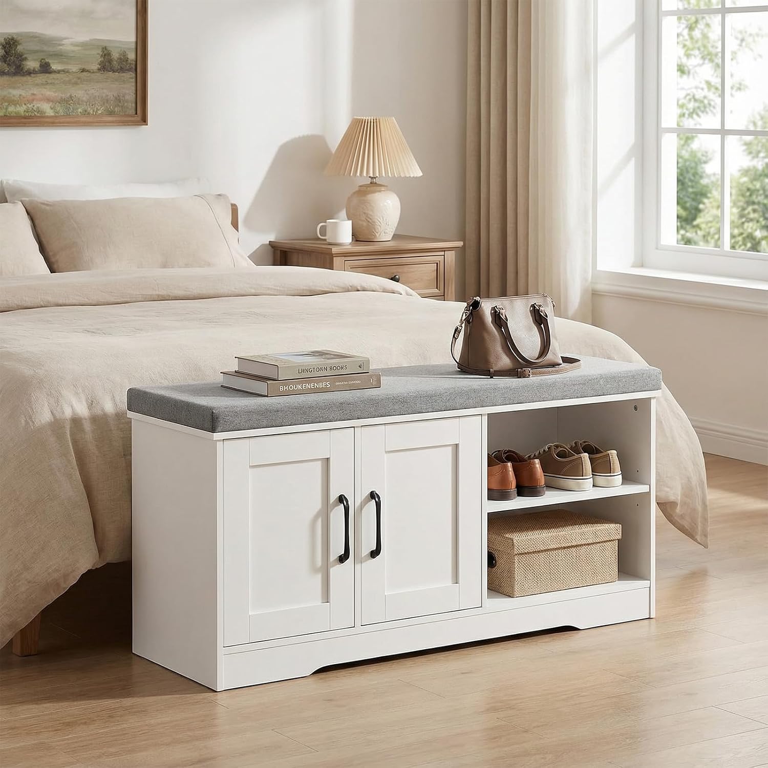 MAHANCRIS Storage Bench, 39.4" Wide Shoe Bench with Padded Seat Cushion, Entryway Bench with 2 Doors and Adjustable Shelf, End of Bed Bench, for Hallway, Bedroom, White and Gray BSWT1201