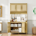 71" Tall Farmhouse Pantry Cabinet with Rattan Doors & Drawers, Freestanding Storage Hutch with Adjustable Shelves, 6 Hooks & Microwave Shelf for Kitchen, Dining or Living Room