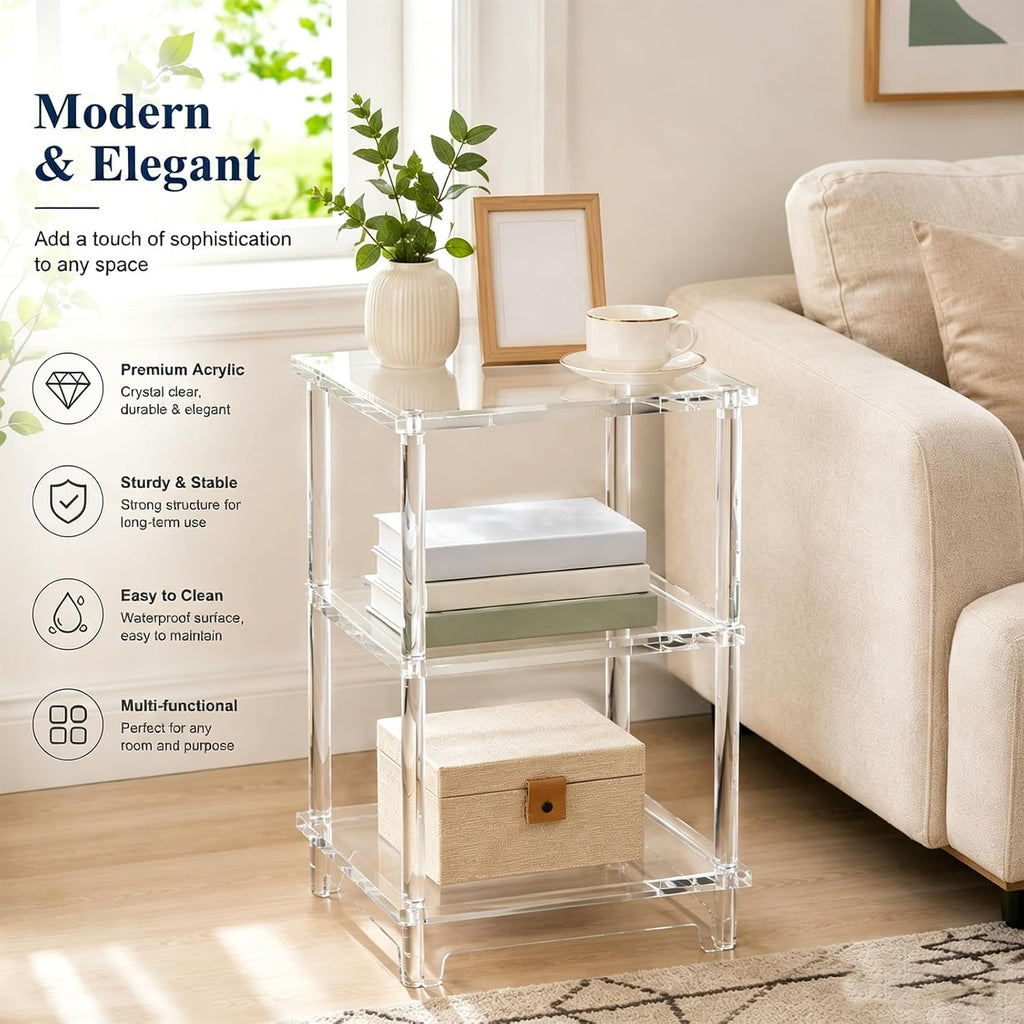 Thick Acrylic Side Shelf Table, 3-Tier Narrow Clear Acrylic End Table Nightstand, Square Transparent Small Coffee Table for Living Room Bedroom Small Space