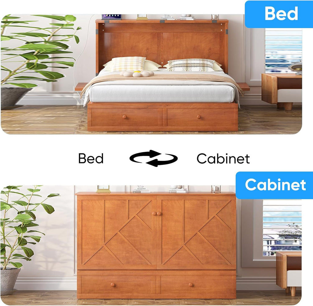 PUREMIND Queen Murphy Bed — Multi-Functional Hideaway Cabinet Bed with Headboard, Space-Saving Wall Bed with USB-C Charging Ports & 2 Storage Drawers for Guest Room, Apartment, Home Office, Cherry