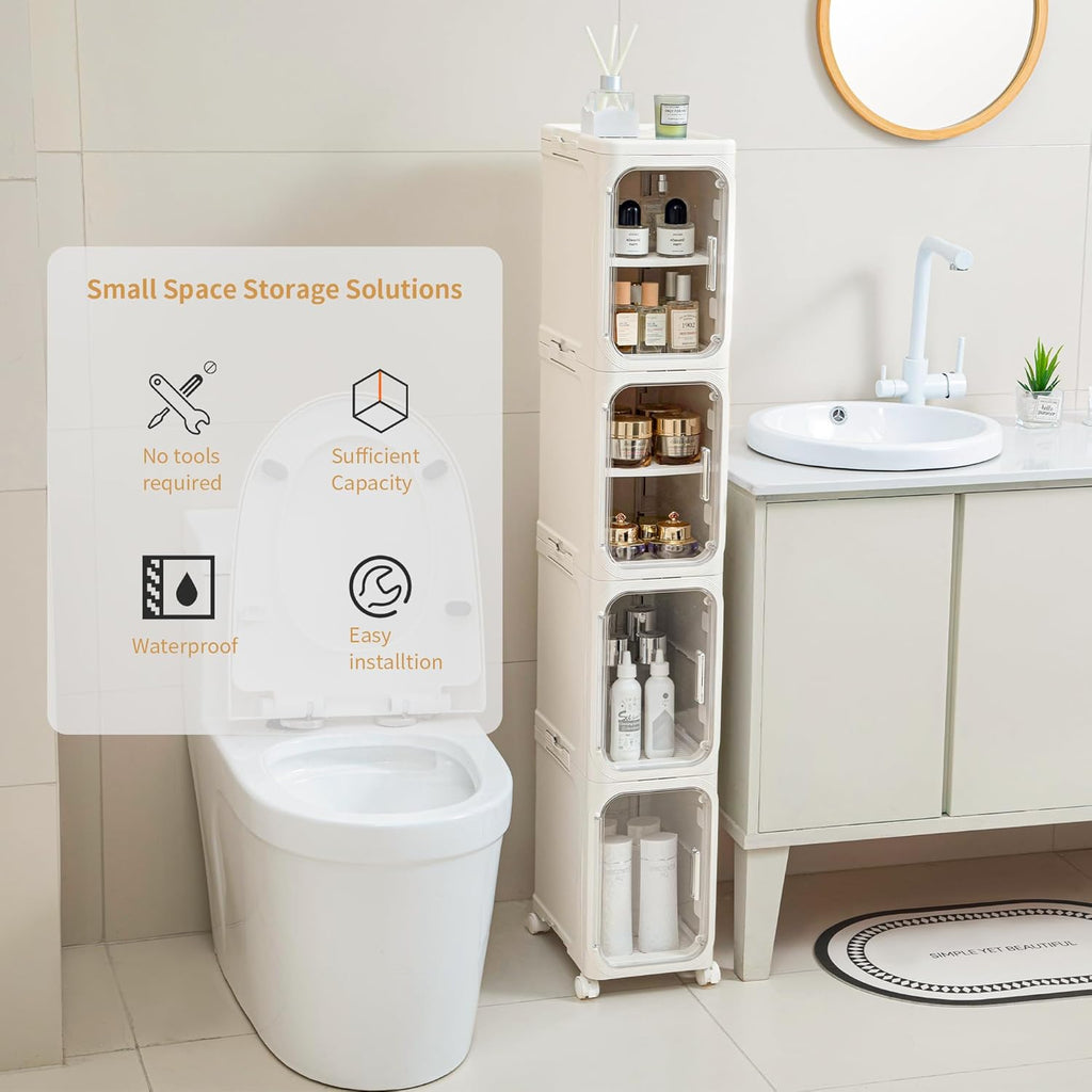 2-Tier Slim Narrow Bathroom Storage Cabinet, Cream White | Tool Free Assembly, Adjustable shelves, Fits for Narrow Spaces, Lockable Wheels, Magnetic Clear Door