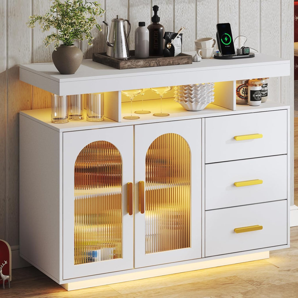 WOOVIVS LED Sideboard Buffet Cabinet with Charging Station, Wine Cabinets with Auto RGB Lighted, Modern Coffee Bar with 3 Drawers for Living Room, Dining Room, Kitchen (White)