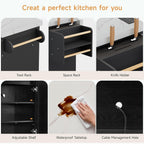 ONBRILL 60" Kitchen Island with Power Outlet & Drop Leaf, Rolling Island with Spice Rack & Towel Rack, Kitchen Island Cart with Trash Storage Cabinet, Island Table for Kitchen, Black+Imitation Marble