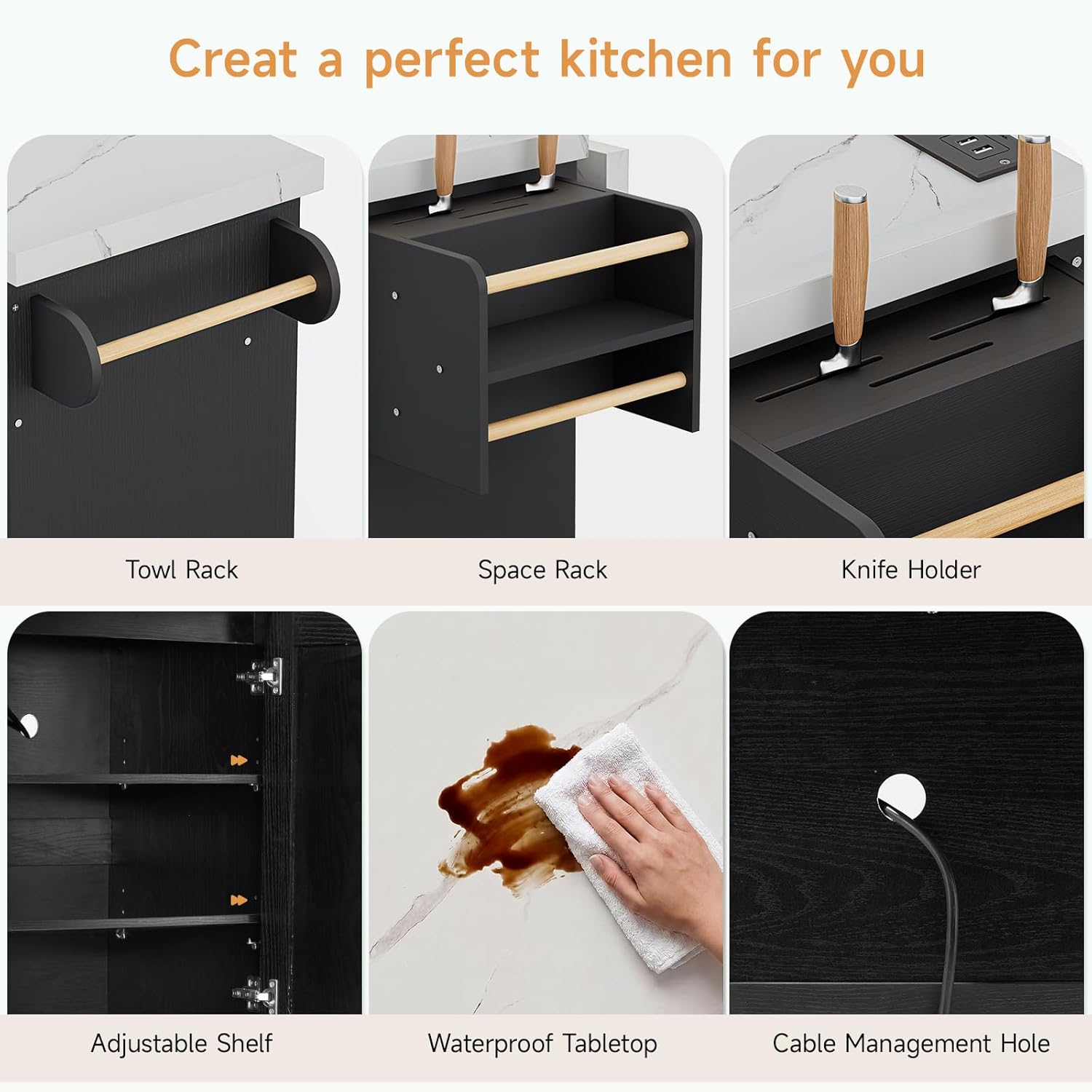 ONBRILL 60" Kitchen Island with Power Outlet & Drop Leaf, Rolling Island with Spice Rack & Towel Rack, Kitchen Island Cart with Trash Storage Cabinet, Island Table for Kitchen, Black+Imitation Marble