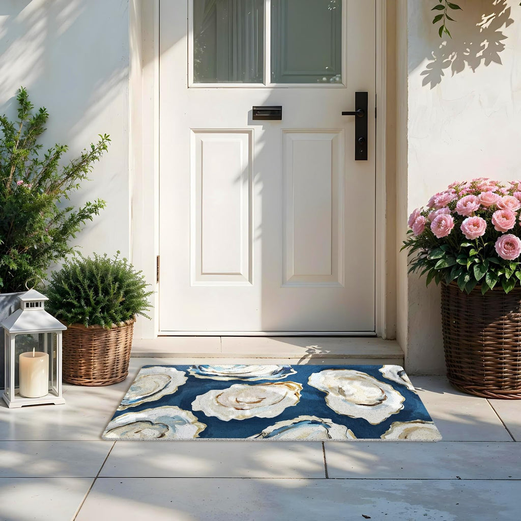 Navy Blue Beach Ocean Oyster Door Mat, Abstract Oyster Shell Coastal Ocean Doormat Indoor Outdoor Entrance Entryway, Beach Welcome Mats for Front Door Outside, 17x30 Inches