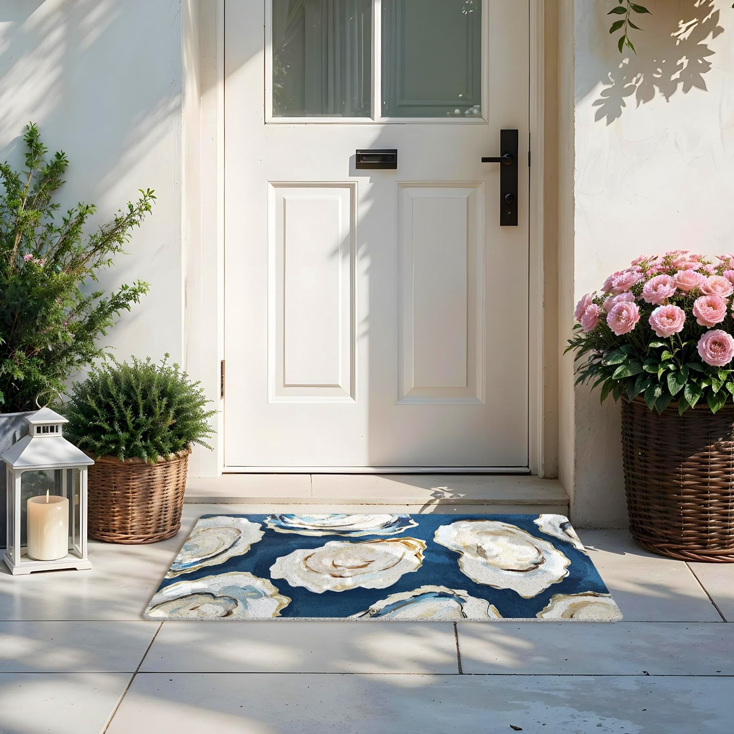 Navy Blue Beach Ocean Oyster Door Mat, Abstract Oyster Shell Coastal Ocean Doormat Indoor Outdoor Entrance Entryway, Beach Welcome Mats for Front Door Outside, 17x30 Inches