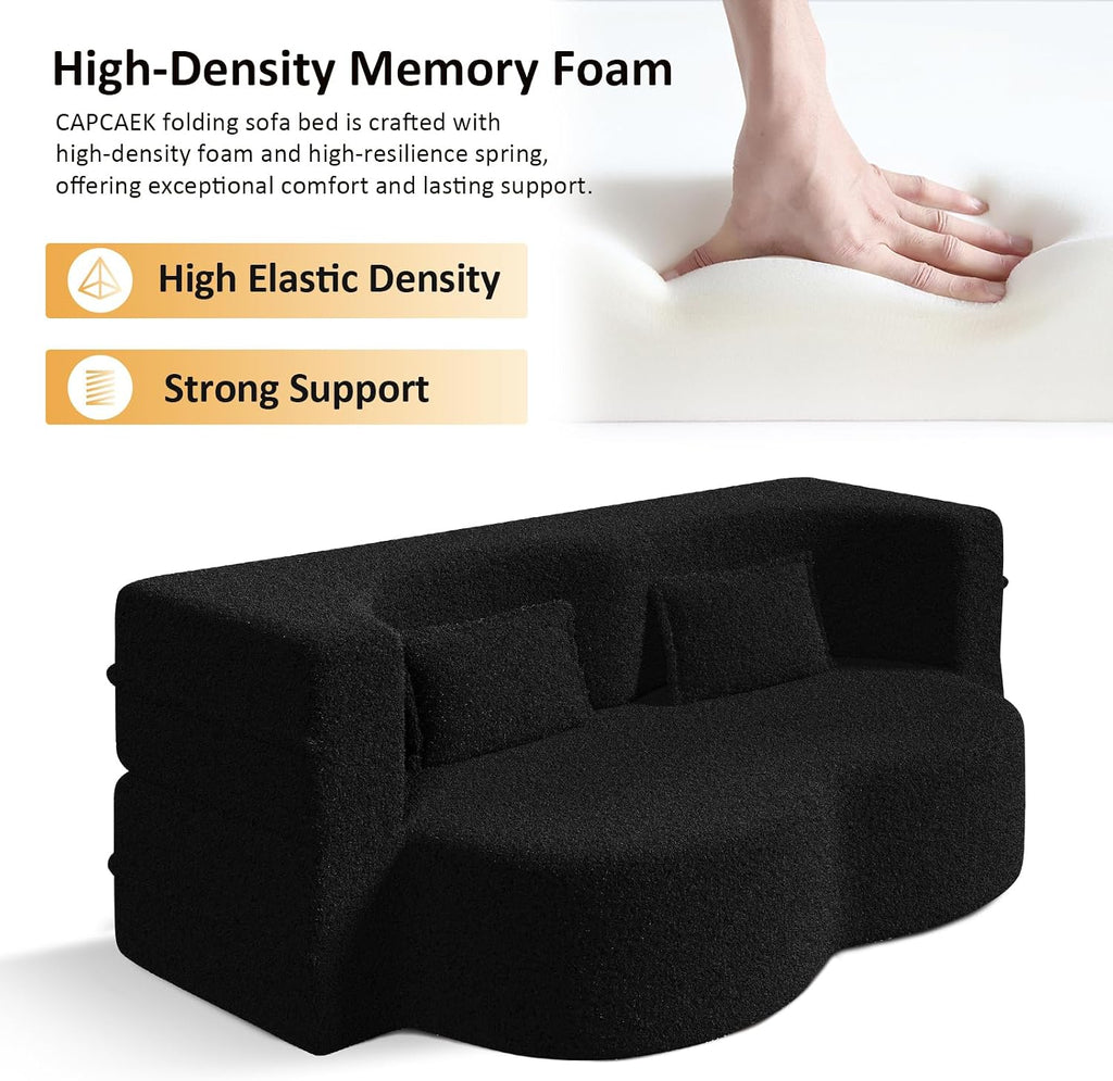 CAPCAEK Folding Sofa Bed,15" Full Size Boneless Couch for Living Room, Teddy Fabric Foam-Filled, Convertible Loveseat Sleeper Sofa Bed (Black-Teddy)
