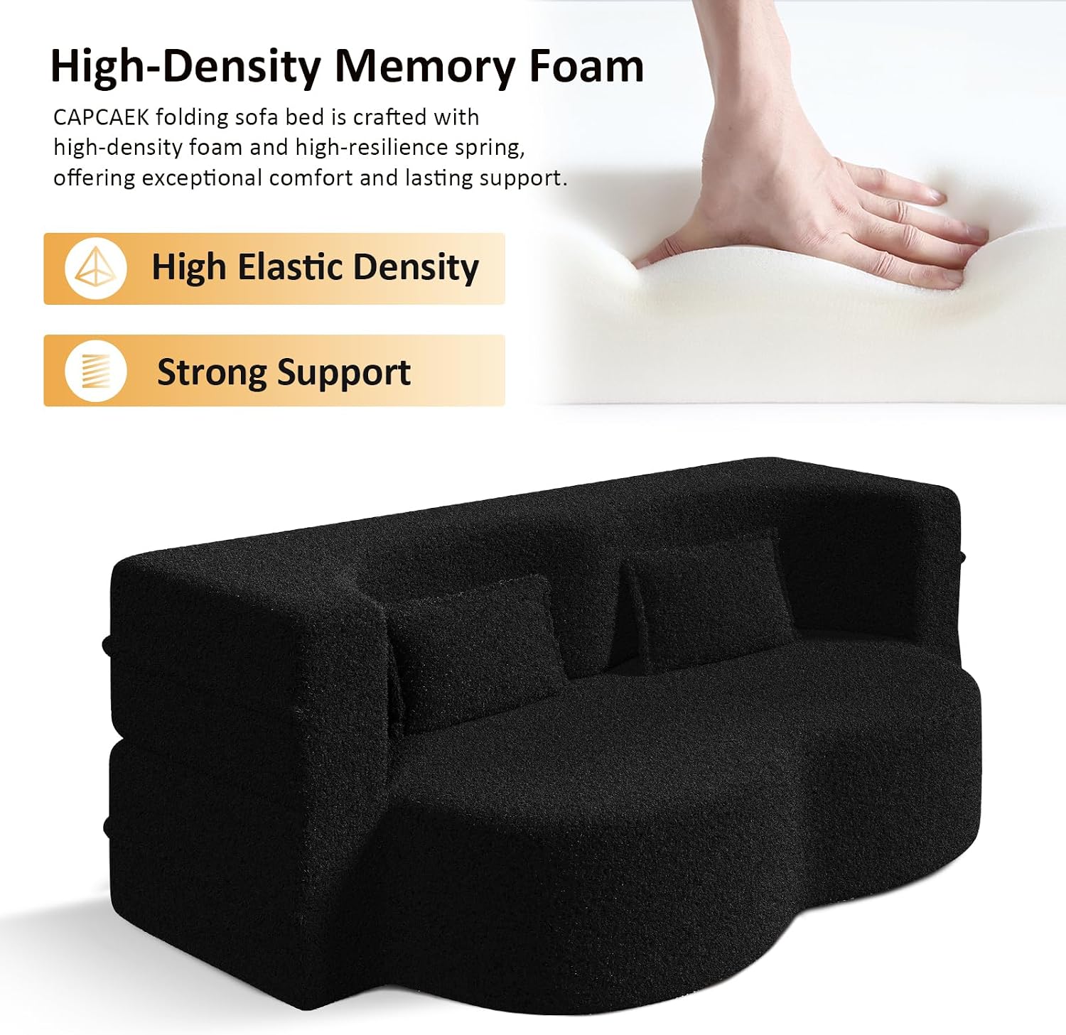 CAPCAEK Folding Sofa Bed,15" Full Size Boneless Couch for Living Room, Teddy Fabric Foam-Filled, Convertible Loveseat Sleeper Sofa Bed (Black-Teddy)