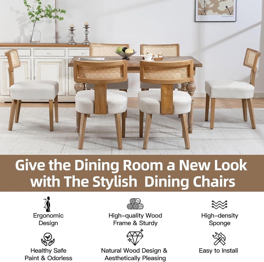 ZJhome Mid-Century Modern Rattan Dining Chairs Set of 4 – Farmhouse Linen Upholstered Accent Chairs with Curved Backrest, Solid Hardwood Frame, and Comfortable Seat for Kitchen & Dining Room – Beige