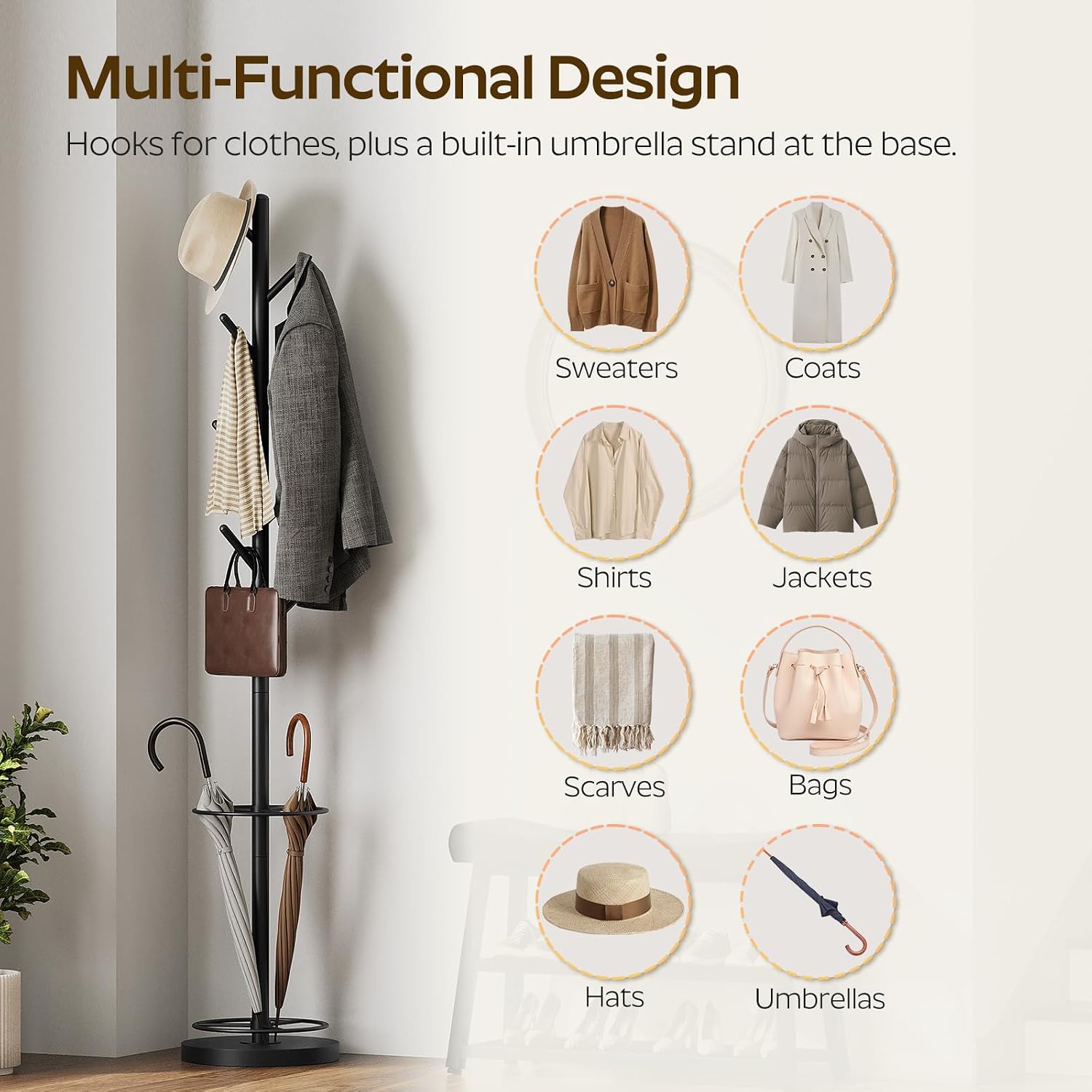 YATINEY Coat Rack Freestanding with Umbrella Holder, Coat Rack Stand with 8 Hooks, Heavy Duty Coat Tree for Entryway, Modern Clothing Rack, Metal Coat Hanger Stand for Bedroom, Office, Black YM03BB