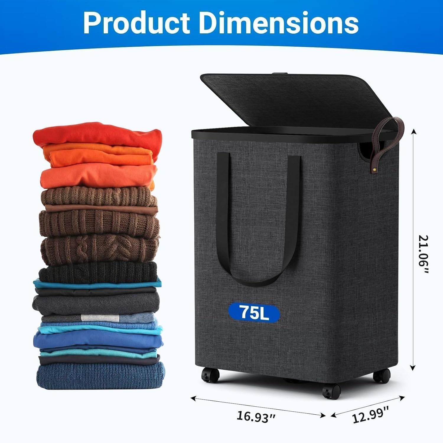 Laundry Basket with 5 Wheels, Tall Dirty Laundry Hamper, Rolling Laundry Basket with Lid, Collapsible Clothes Hamper for Bathroom Bedroom Dorm Laundry Room, Deep Gray, 75L