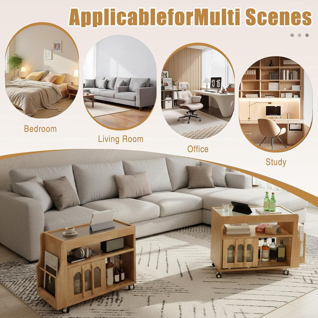 Solid Wood End Table with Storage & Wheels, Narrow Side Table with Magazine Rack & Glass Door Cabinet, Small Couch Side Table for Living Room, Slim Nightstand for Bedroom Space Saving