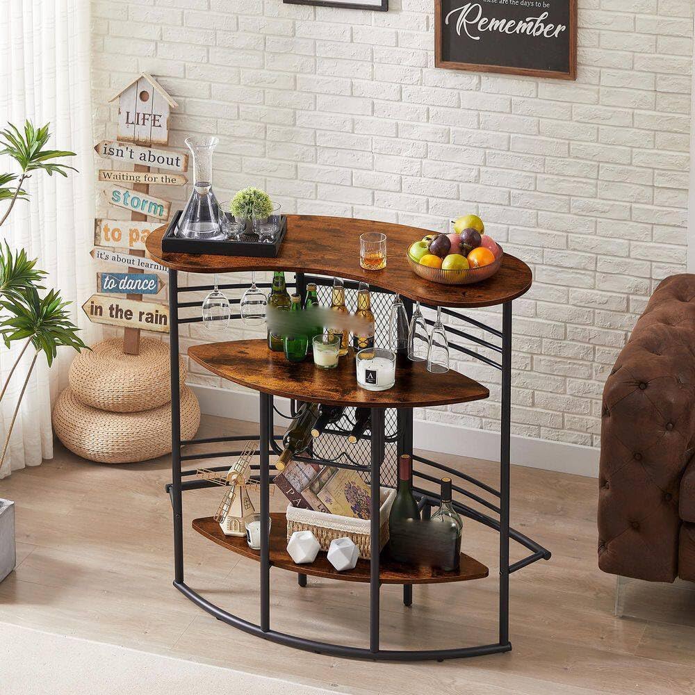 Oval Bar Table with Wood Counter Top and Wine Rack Storage Bar Cabinet for Dining Room Brown Metal Frame Coffee Bar Stand for Home
