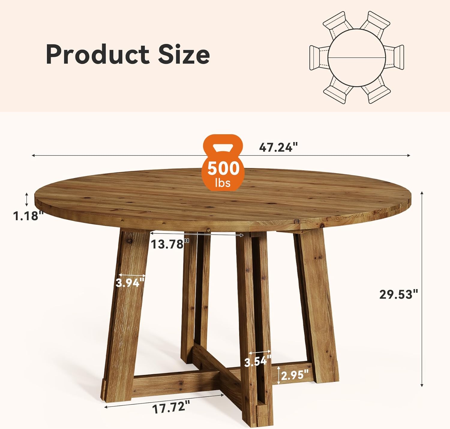 47.3" Solid Wood Dining Table for 4-6, Round Kitchen Table with Wood Legs, Farmhouse Kitchen & Dining Room Furniture, Brown