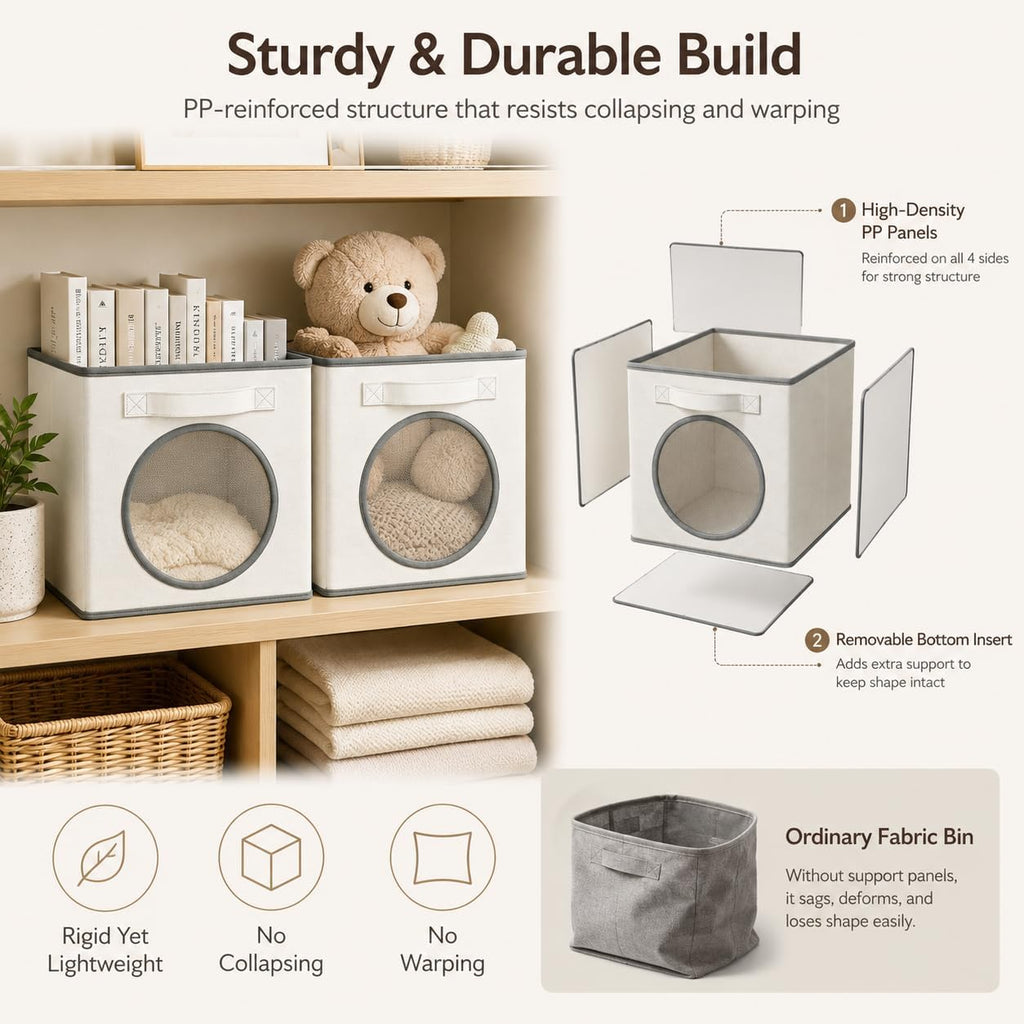 Vailando Ultra Thick Fabric Foldable Storage Cubes with Mesh Window - 11 Inch Cube Storage Organizer for Clothes, Shelves, Offices, Toys & Misc, White & Ivory, 4 Pack