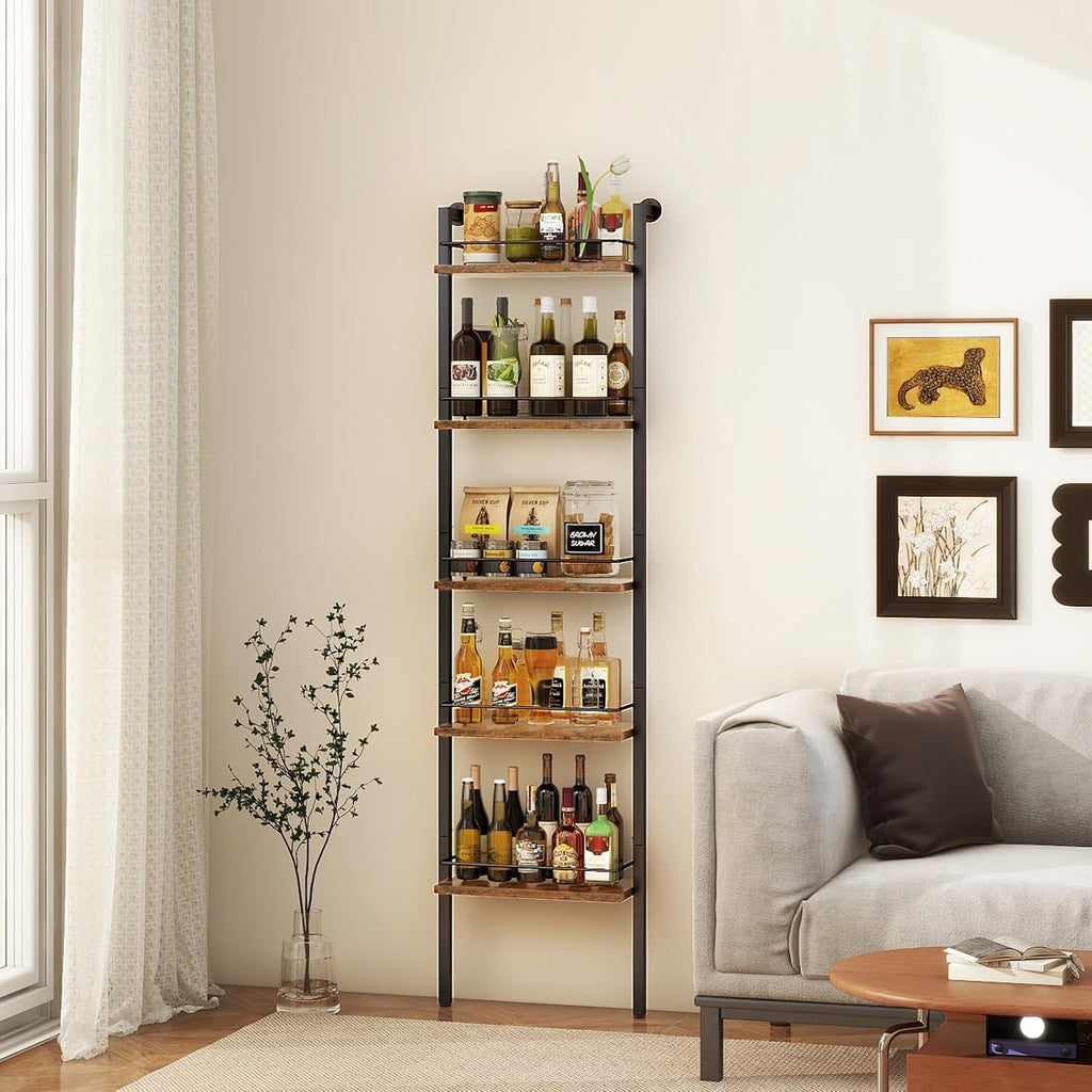 YMYNY 5-Tier Freestanding Wine Racks，Liquor Bottle Display Shelf with Fences, Wall Mounted Floating Shelf Storage Stand for Kitchen, Dining Room, 16.93''L x 7.87''W x 69.68''H Vintage Brown UHWR001H