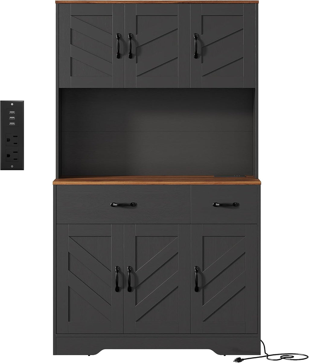 Farmhouse Kitchen Pantry Cabinet with Charging Station – 71" Tall Hutch, Adjustable Shelves, Drawers, Microwave Stand, Large Storage for Dining or Living Room – Color: Black