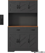 Farmhouse Kitchen Pantry Cabinet with Charging Station – 71" Tall Hutch, Adjustable Shelves, Drawers, Microwave Stand, Large Storage for Dining or Living Room – Color: Black