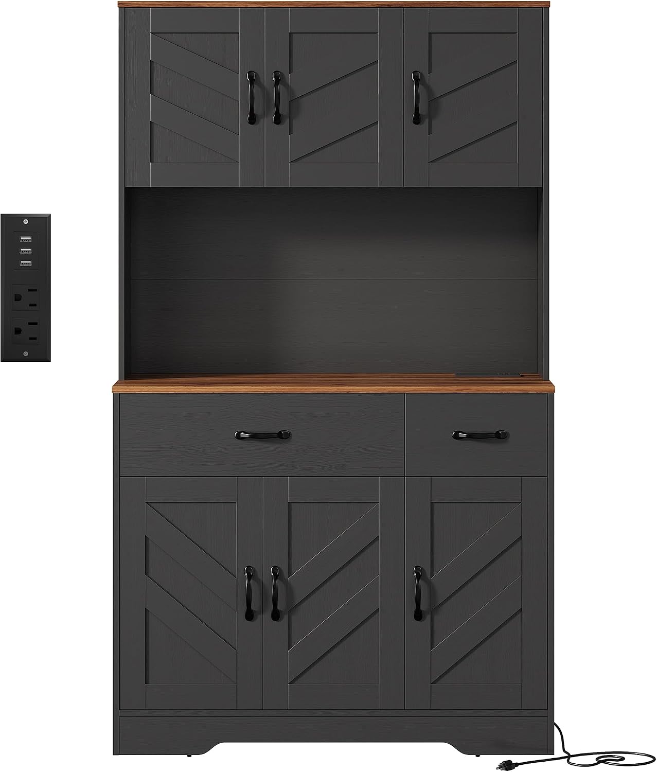 Farmhouse Kitchen Pantry Cabinet with Charging Station – 71" Tall Hutch, Adjustable Shelves, Drawers, Microwave Stand, Large Storage for Dining or Living Room – Color: Black