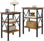 VECELO End Table, 24" Tall Wood Living Room X-Design Reinforced Side Tables, Nightstands with 3-Tier Wood Storage Shelves for Small Spaces, Office, Bathroom, Bedroom, Retro Brown, 2 Pack