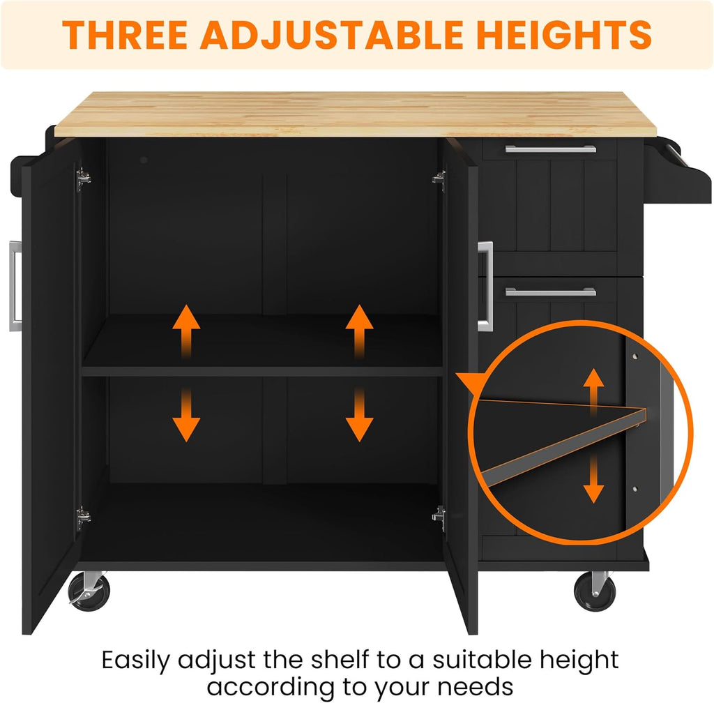 Yaheetech Kitchen Island Cart with Drop Leaf, Kitchen Breakfast Bar on 5 Universal Wheels with Storage Cabinet, Rubberwood Top, 3 Drawers, Spice Rack for Dining Room, 49W x 29.5D x 36H, Black