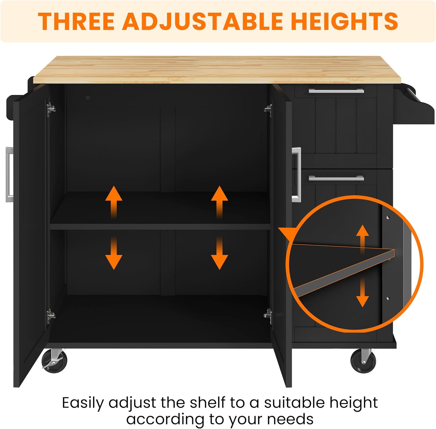 Yaheetech Kitchen Island Cart with Drop Leaf, Kitchen Breakfast Bar on 5 Universal Wheels with Storage Cabinet, Rubberwood Top, 3 Drawers, Spice Rack for Dining Room, 49W x 29.5D x 36H, Black
