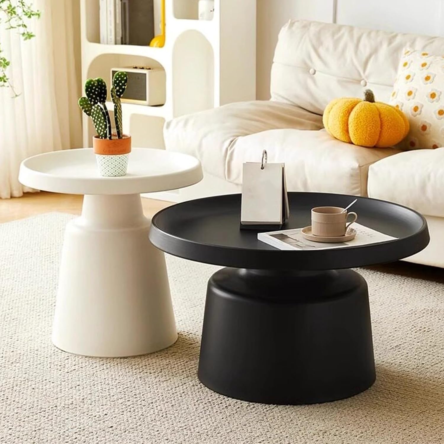 Carbon Steel Round Side Table with Raised Edge, Scratch-Resistant Small end Tables Living Room, Nightstand for Small Spaces, Balcony, Bedroom(Black,70x41x46cm)