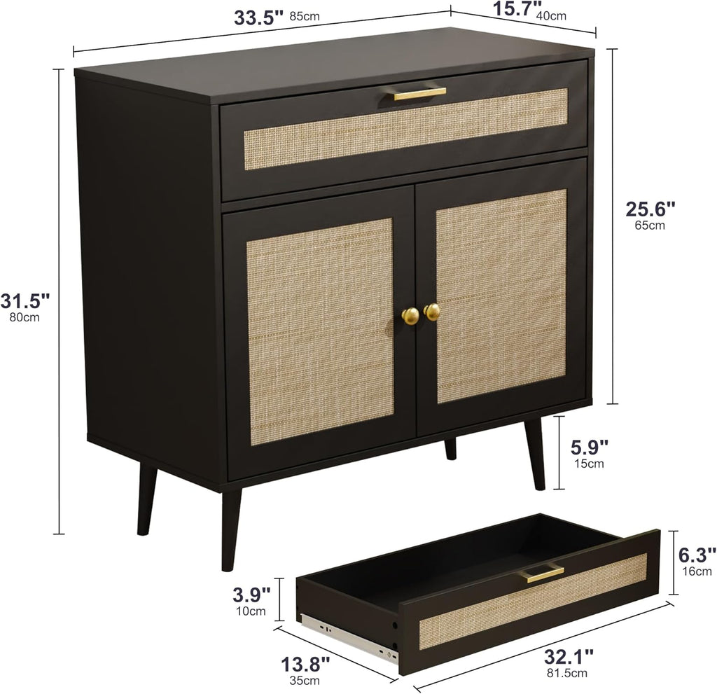 Furnify Rattan Sideboard Buffet Set of 2, Boho Kitchen Cabinet with Drawer & 2 Doors, Modern Mid Century Cabinet with Adjustable Shelf, Coffee Bar for Living Room, Entryway, Kitchen, Black