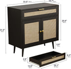 Furnify Rattan Sideboard Buffet Set of 2, Boho Kitchen Cabinet with Drawer & 2 Doors, Modern Mid Century Cabinet with Adjustable Shelf, Coffee Bar for Living Room, Entryway, Kitchen, Black