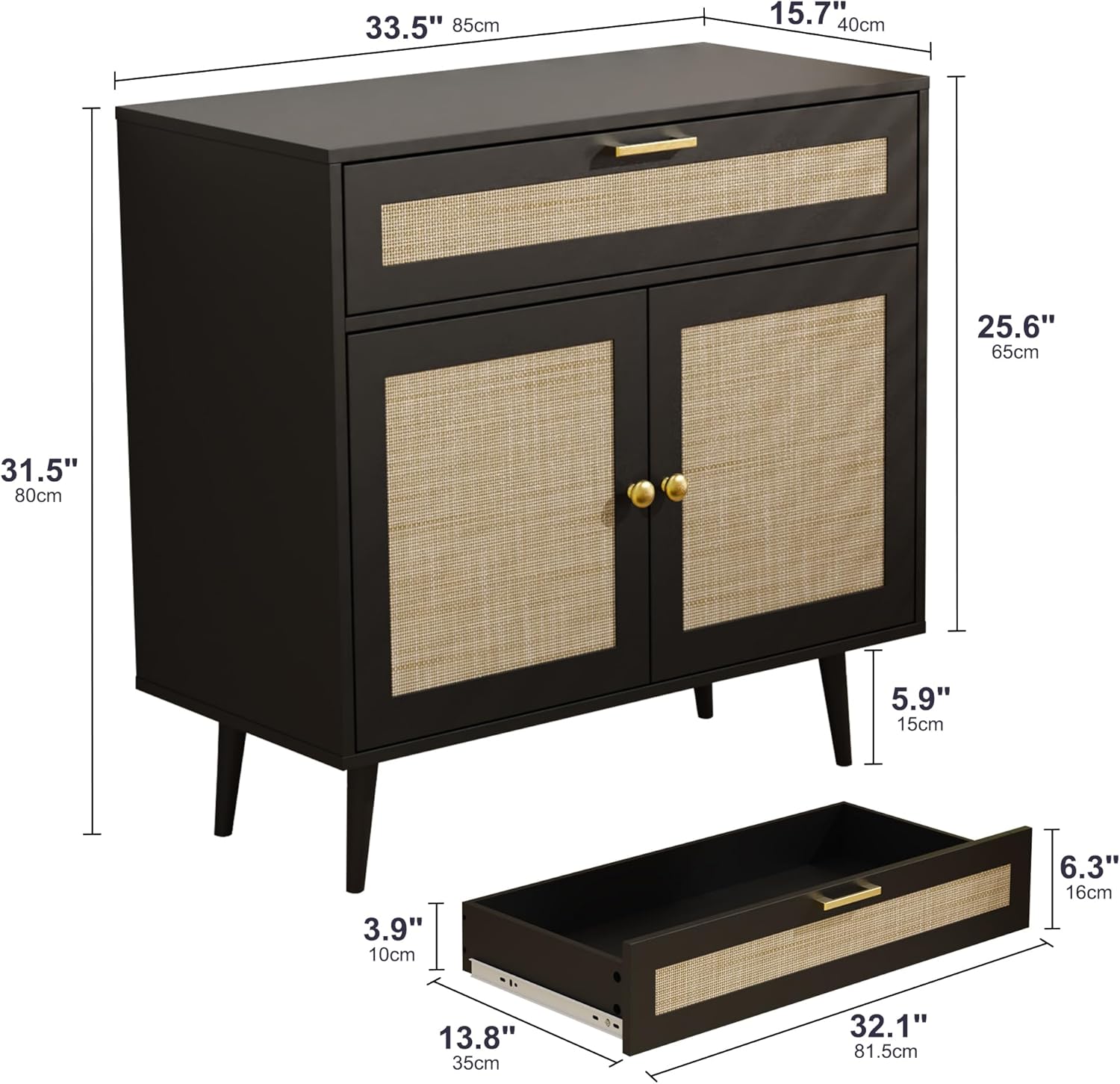 Furnify Rattan Sideboard Buffet, Boho Kitchen Cabinet with Drawer & 2 Doors, Modern Mid Century Accent Cabinet with Adjustable Shelf, Coffee Bar for Living Room, Entryway, Kitchen, Black