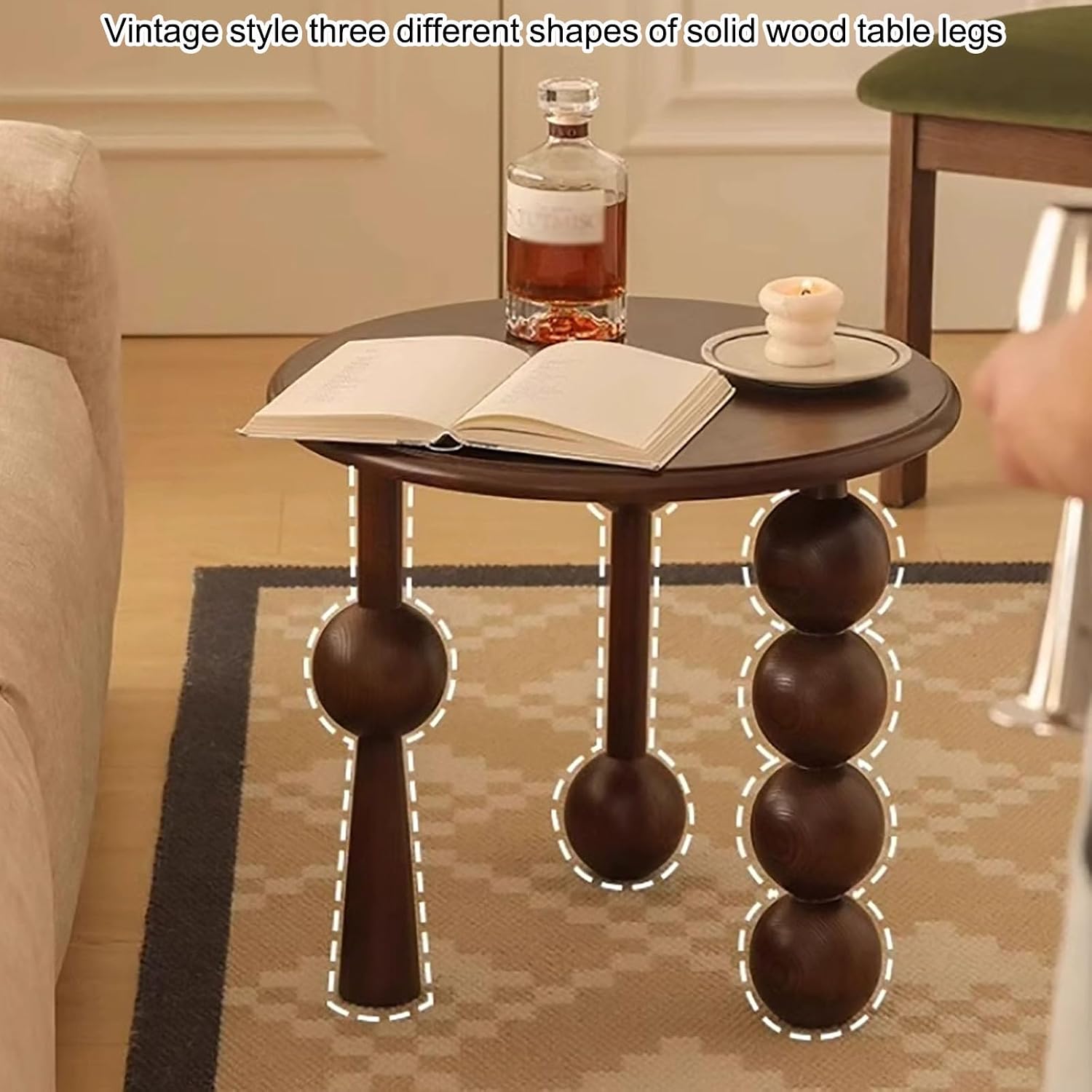 Vintage Solid Wood Side Table, Round Creative Sofa End Table with Unique Globe Legs,Multi-Functional Small Coffee Table Home Decor End Table for Living Room,Bedroom and Balcony