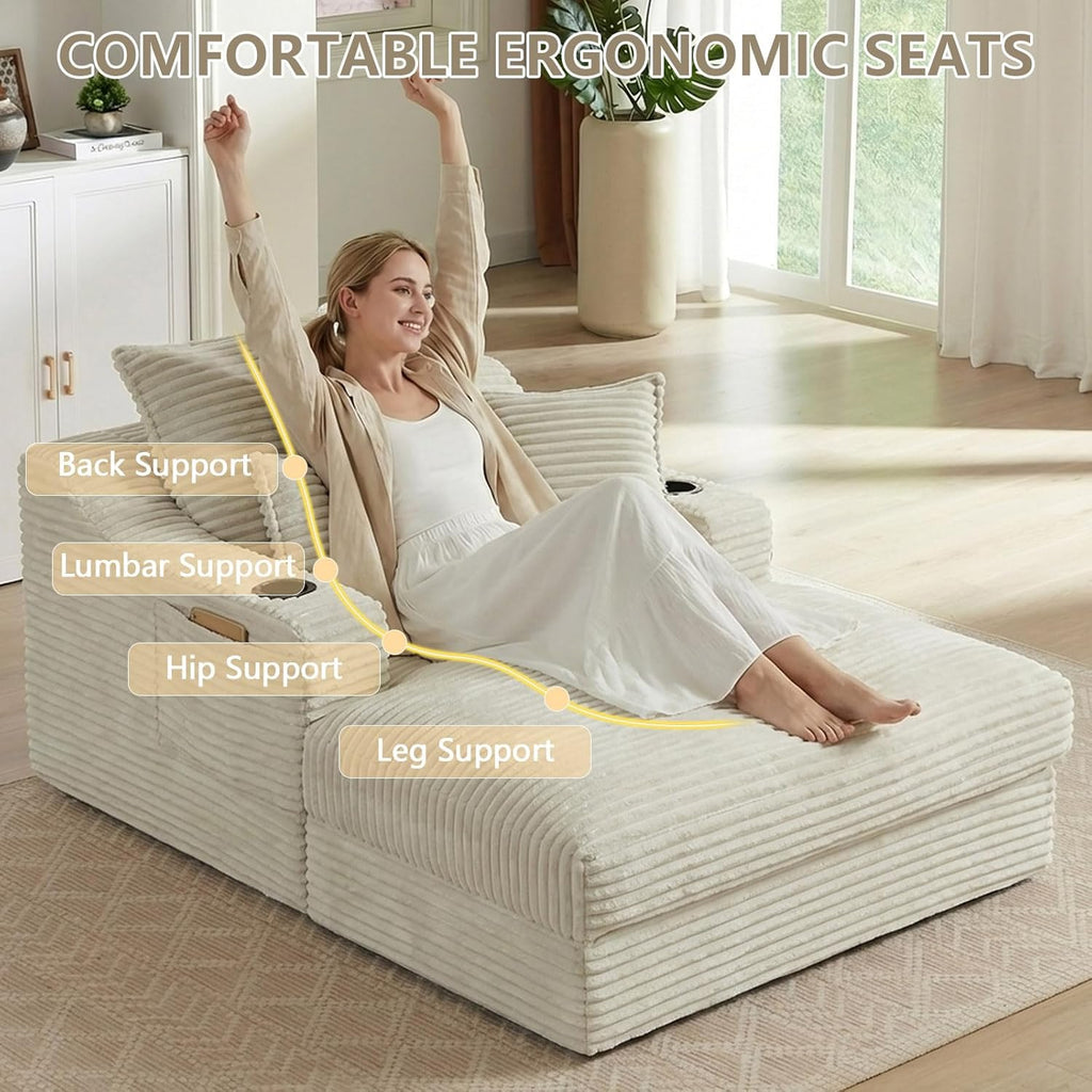 67.7" Chaise Lounge Chair Indoor with Cup Holders & Side Pocket, Oversized Boneless Lounger Chairs Indoor with 3 Soft Pillows, Deep Seat Reading Lounge Couch for Living Room, Apartment, Camel