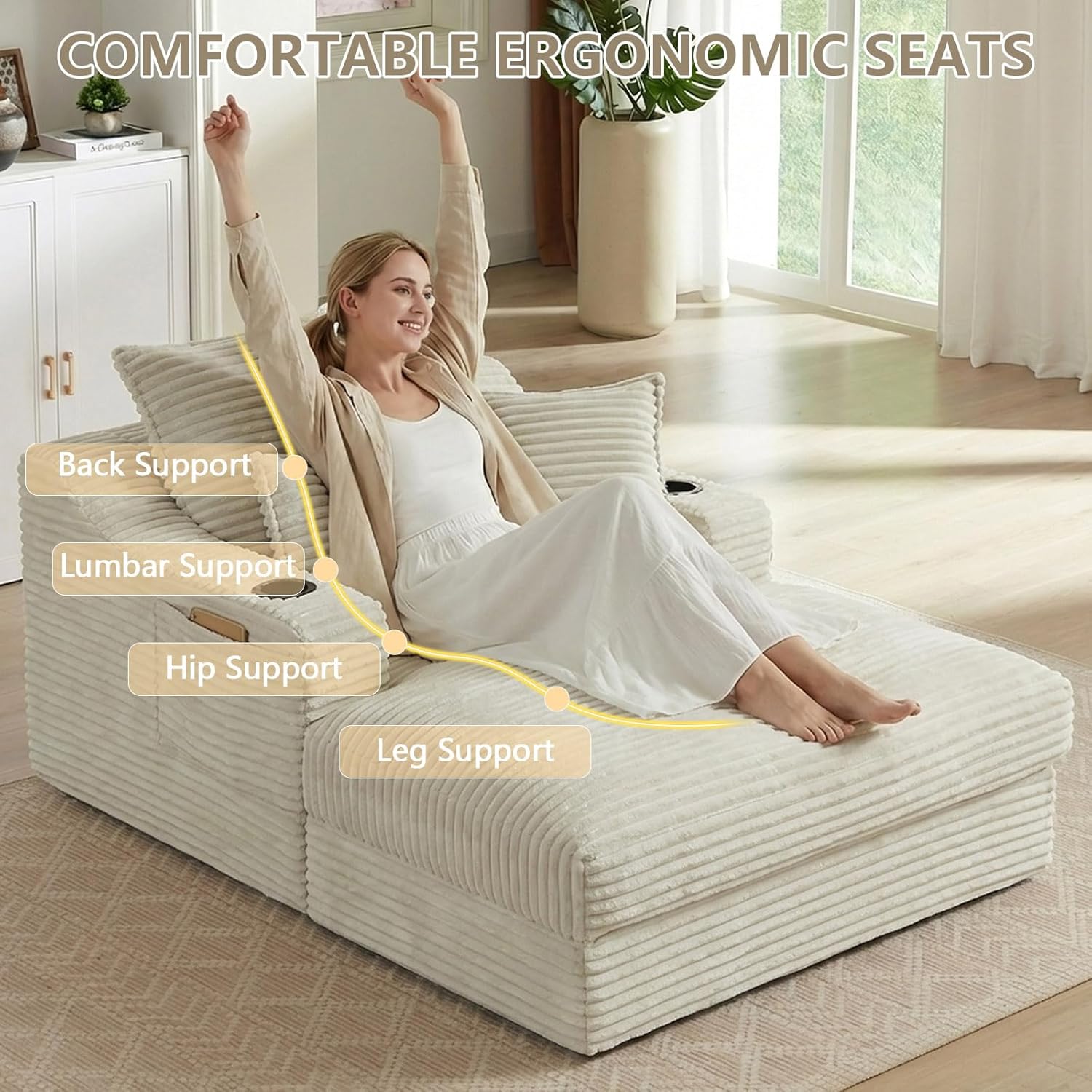 67.7" Chaise Lounge Chair Indoor with Cup Holders & Side Pocket, Oversized Boneless Lounger Chairs Indoor with 3 Soft Pillows, Deep Seat Reading Lounge Couch for Living Room, Apartment, Camel