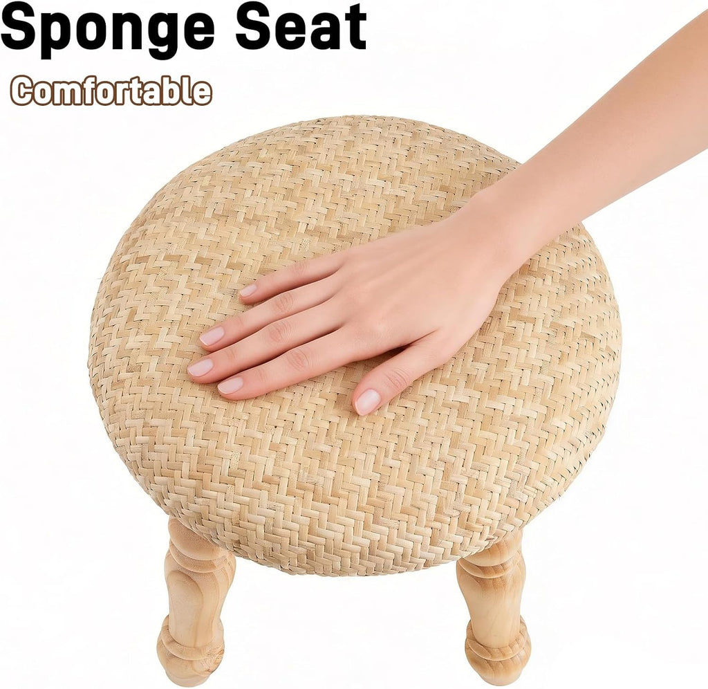 Round Foot Stool, Small Pouf Ottoman with Natural Rattan, Boho Footrest Wooden Stool for Couch, Step Stool for Living Room Bedroom Entryway Hallway Patio