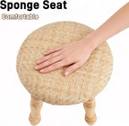 Round Foot Stool, Small Pouf Ottoman with Natural Rattan, Boho Footrest Wooden Stool for Couch, Step Stool for Living Room Bedroom Entryway Hallway Patio