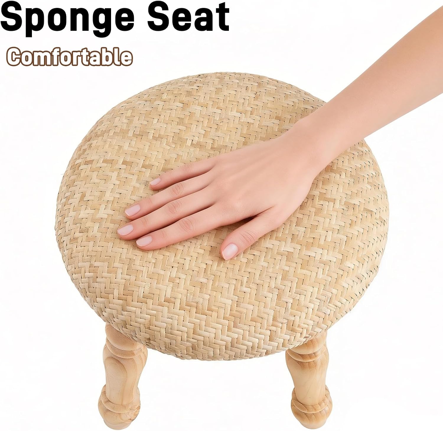 Round Foot Stool, Small Pouf Ottoman with Natural Rattan, Boho Footrest Wooden Stool for Couch, Step Stool for Living Room Bedroom Entryway Hallway Patio