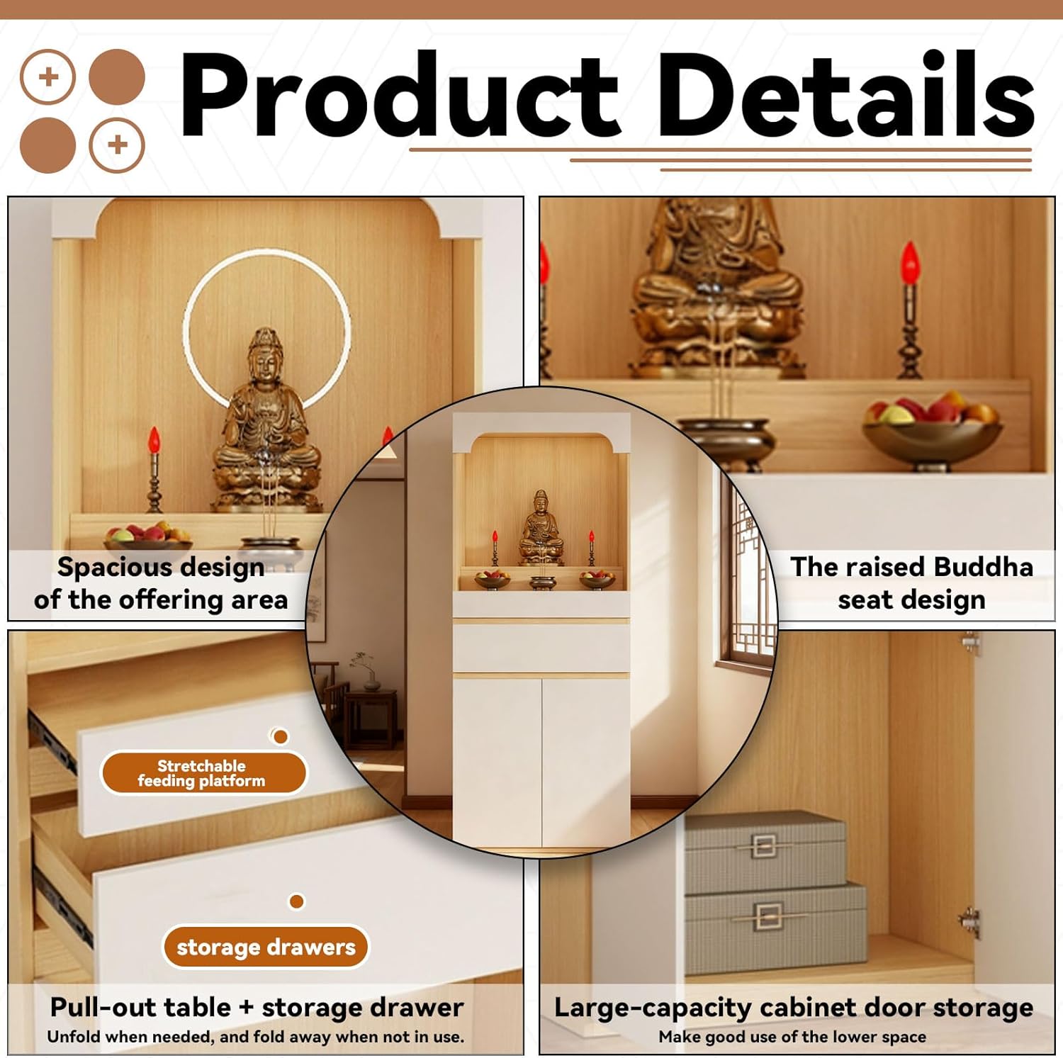 Altar Table, Pooja Cabinet with Drawers and Storage Cabinets, Solid Wood Prayer Table, Pedestal Tables Buddhist Altar Cabinet, for Home Office Or Temple Worship, Design for Prayer Items