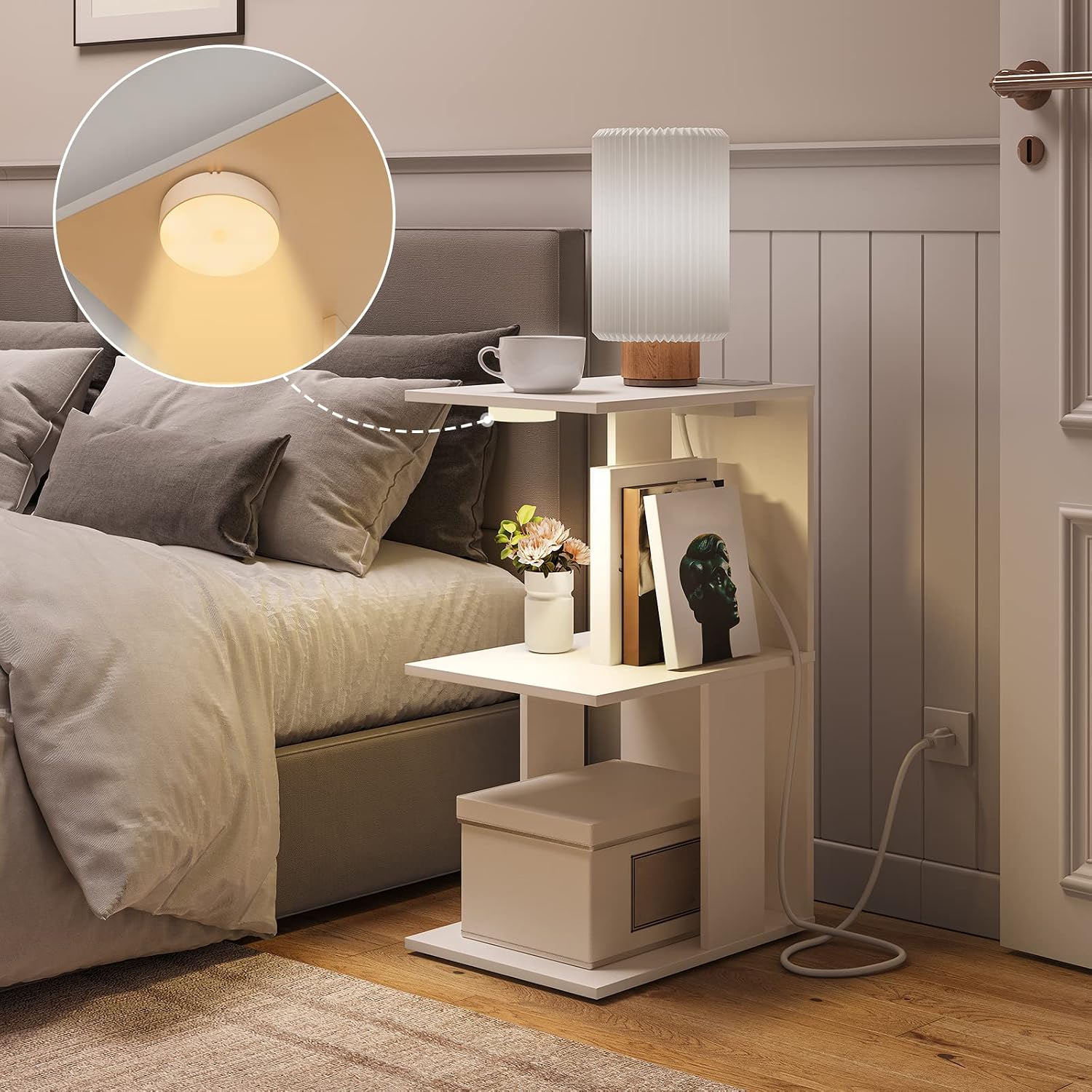 MAHANCRIS End Table and Cat Litter Box Enclosure Bundle, C-Shaped Narrow Side Table with LED Light, Wooden Cat Washroom Cabinet, for Small Spaces, Living Room, Bedroom, ETWT18E01Z-CWBZ4501