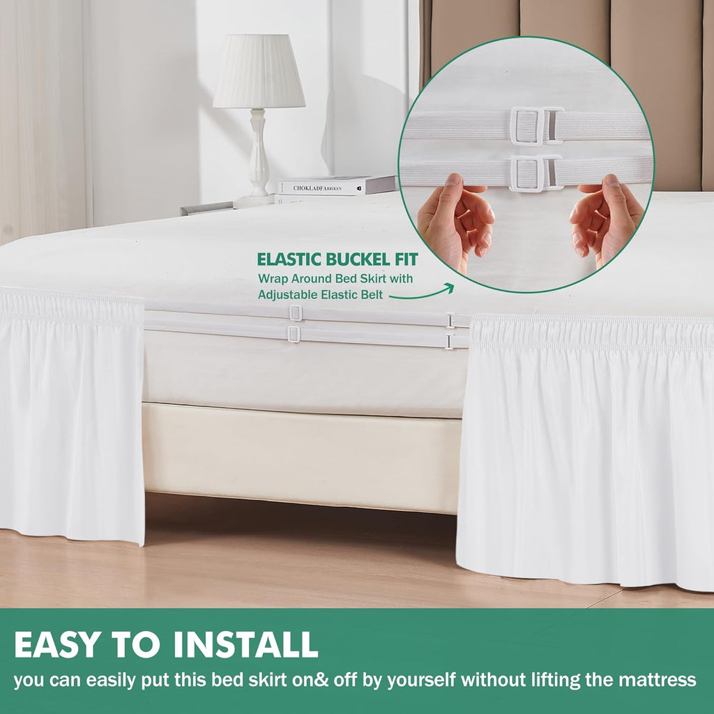 Biscaynebay Wrap Around Bed Skirts with Split Corners for Queen Beds 15" Drop, White Adjustable Elastic Dust Ruffles Easy Fit Wrinkle Resistant Silky Luxurious Fabric Machine Washable