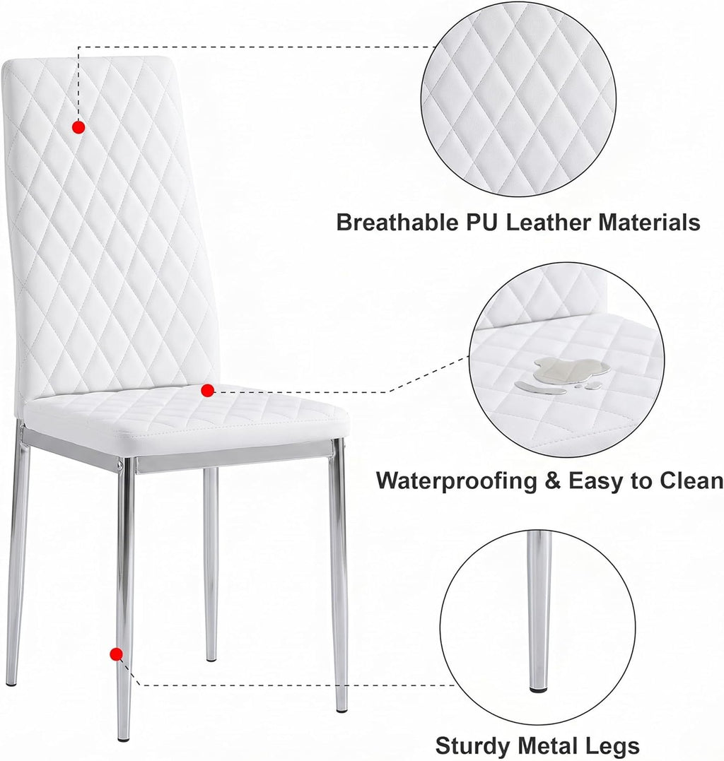 5 Piece Round Glass Dining Table Set for 4, Modern Tempered Glass Top with 4 Upholstered Chairs, Space-Saving Silver & White Set for Small Apartment, Studio,Kitchen or Dining Room