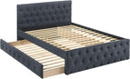 Contemporary Full Size Bed w, Trundle Slats Charcoal Burlap Upholstered Button Tufted Headboard Footboard Youth Bedroom Furniture Wooden Slats 1pc Bed