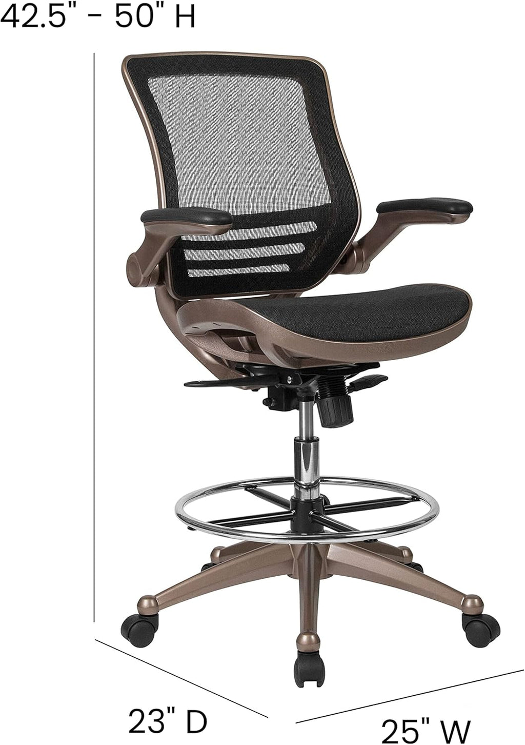 EMMA + OLIVER Mid-Back Transparent Black Mesh Drafting Chair with Gold Frame and Flip-Up Arms