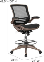 EMMA + OLIVER Mid-Back Transparent Black Mesh Drafting Chair with Gold Frame and Flip-Up Arms