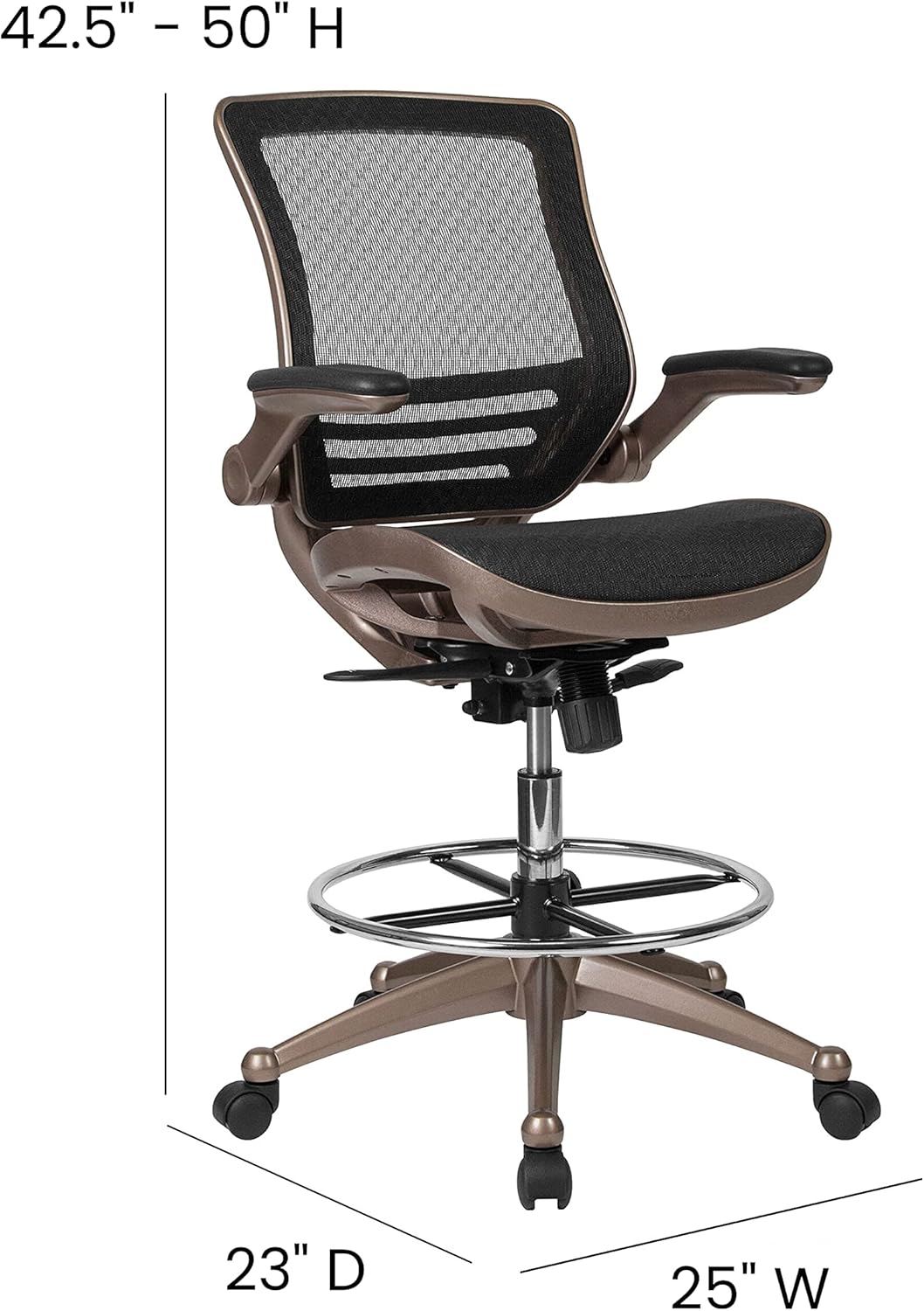 EMMA + OLIVER Mid-Back Transparent Black Mesh Drafting Chair with Gold Frame and Flip-Up Arms