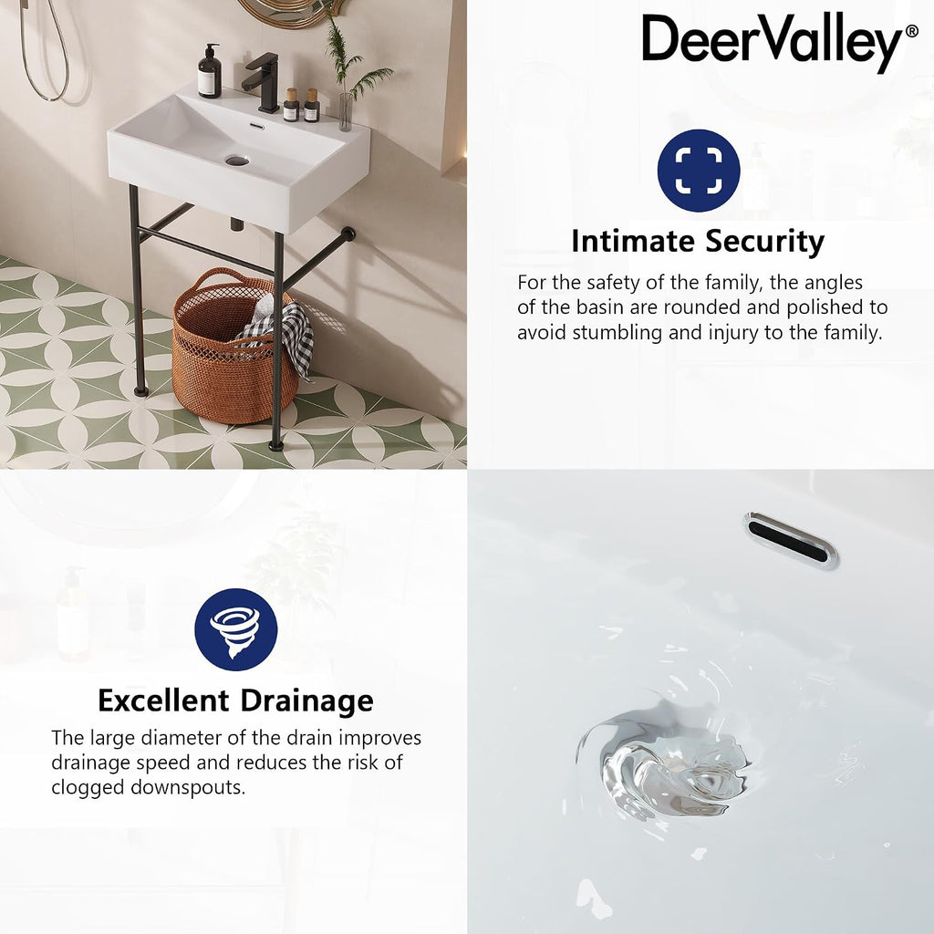 DeerValley 24"x17" Console Bathroom Sink, Free Standing 30 Inch Stainless Steel Support Pedestal Legs, Wall-Mounted White Ceramic Basin, Modern Rectangular Sink Porcelain, Matte Black