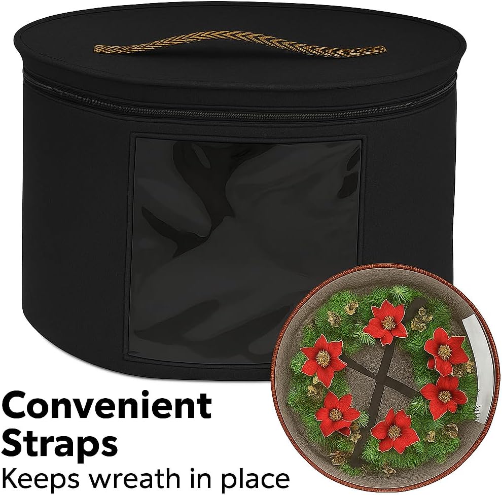 Christmas Wreath Storage Bag,Collapsible Felt Holiday Garland Container with Zipper & Handle, Durable Wreath Organizer Bin for Seasonal Decor Storage 20 x 12 (Black, 12 x 20)