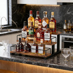 Aduanbang Liquor Bottle Display Shelf, 3 Step Countertop Organizer, Retro Bar Stand for Whiskey, Wine, Spirits (Brown)