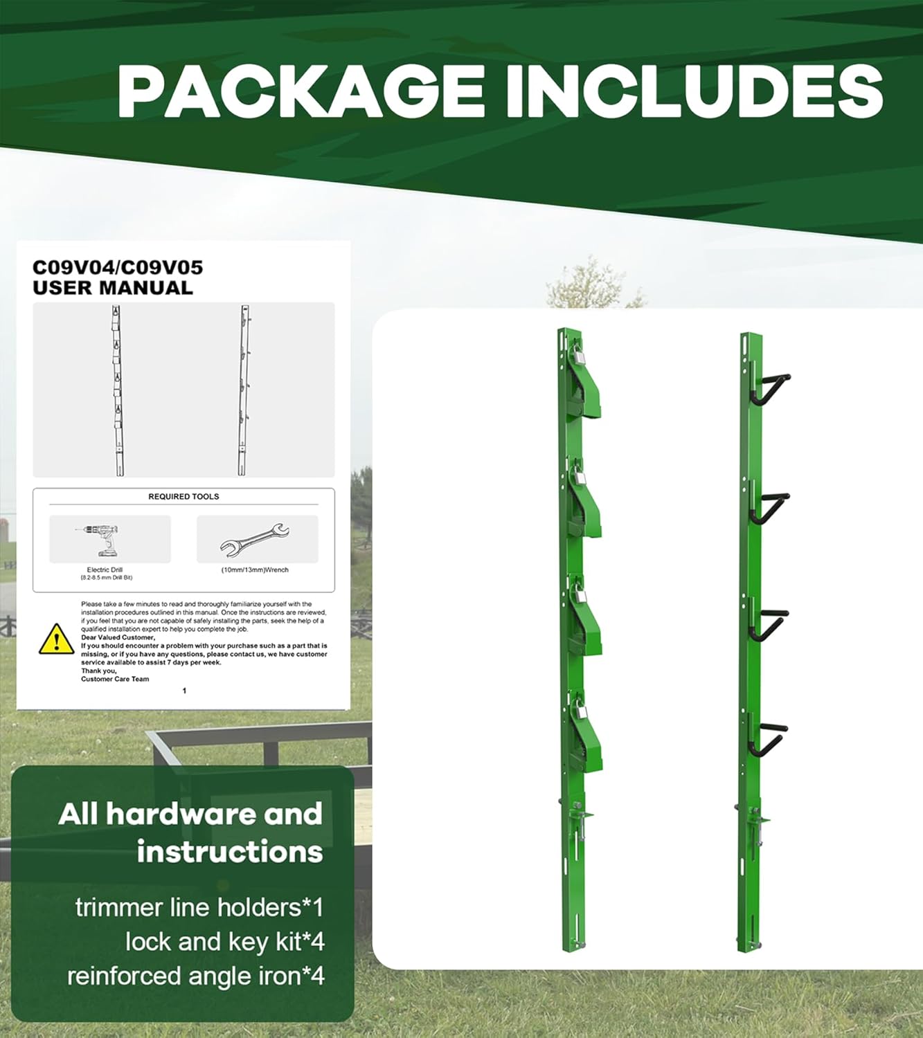 ELITEWILL 4-Position Weed Eater Racks for Trailer Green Commercial Trimmer Rack with Independent Locks for Open Trailer Work Weedeater Organization Storage Rack Holder