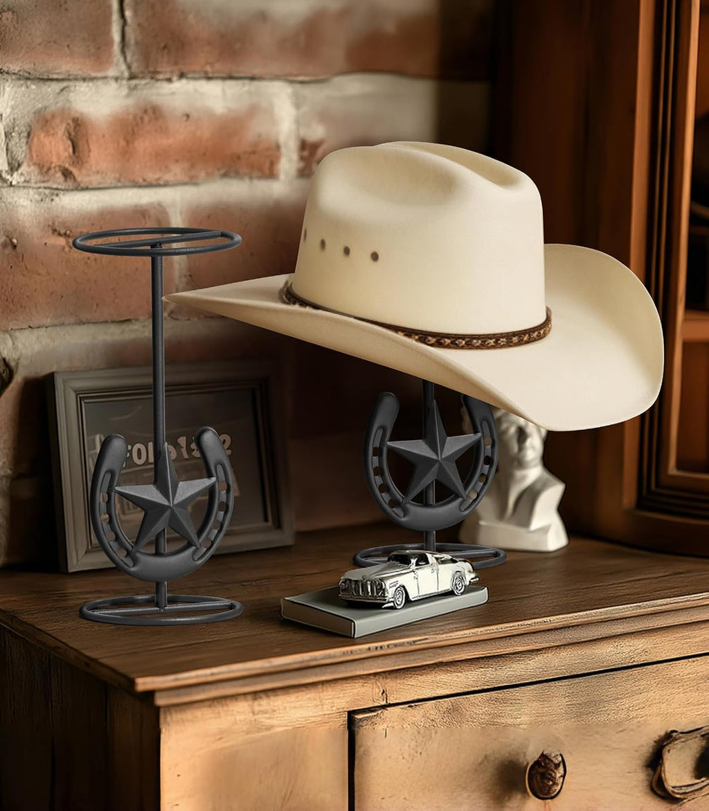 Cowboy Hat Stand, Hat Display Stand Tabletop, Western Horseshoe Decor, Cowboy Hat Rack, Cowboys Gifts for Men, Western Stuff, Desk Hat Rack for Fedora, Sun Hats, Straw Hats, Iron, Black, 2 Packs
